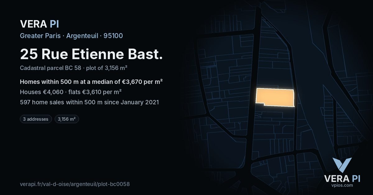 25 Rue Etienne Bast, Argenteuil at night – the plot lit, the parcels around coloured by the prices near them