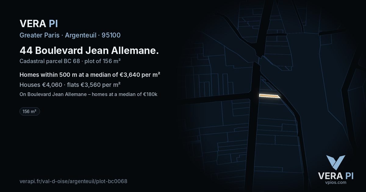 44 Boulevard Jean Allemane, Argenteuil at night – the plot lit, the parcels around coloured by the prices near them