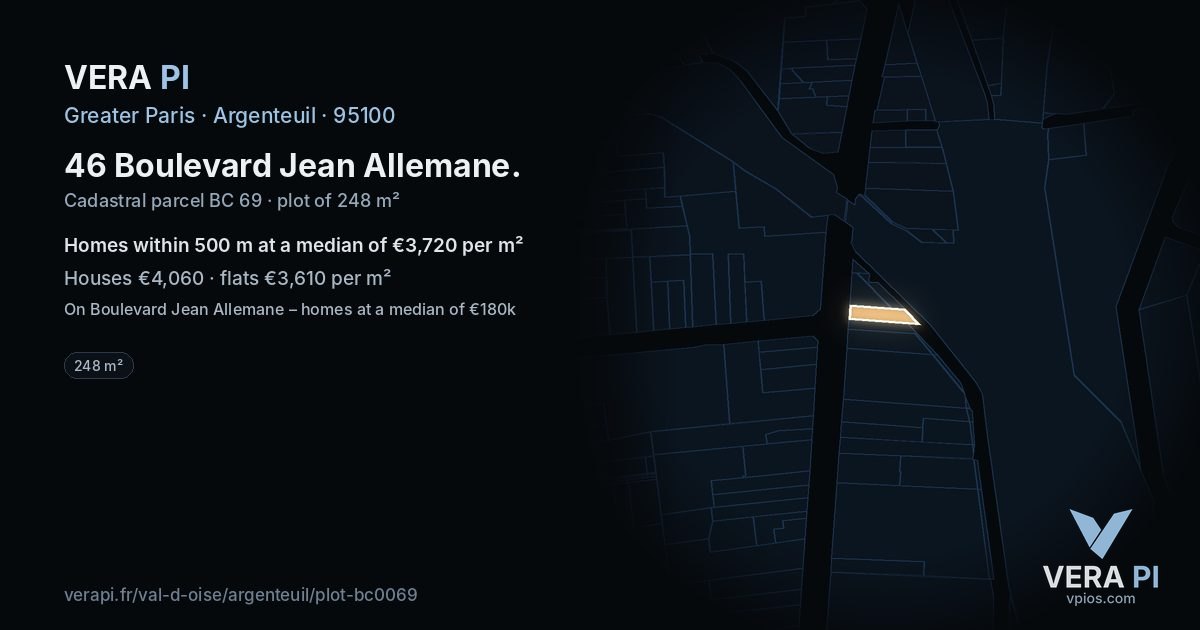 46 Boulevard Jean Allemane, Argenteuil at night – the plot lit, the parcels around coloured by the prices near them