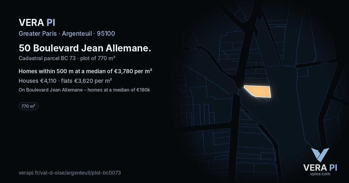 50 Boulevard Jean Allemane, Argenteuil at night – the plot lit, the parcels around coloured by the prices near them