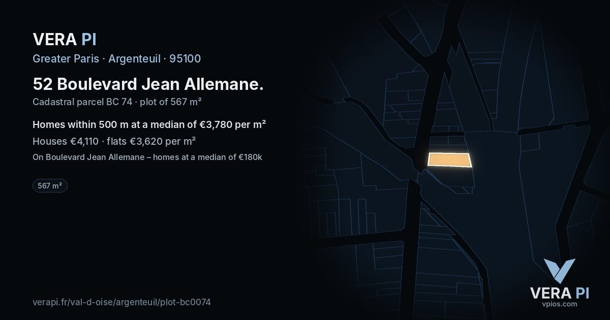 52 Boulevard Jean Allemane, Argenteuil at night – the plot lit, the parcels around coloured by the prices near them