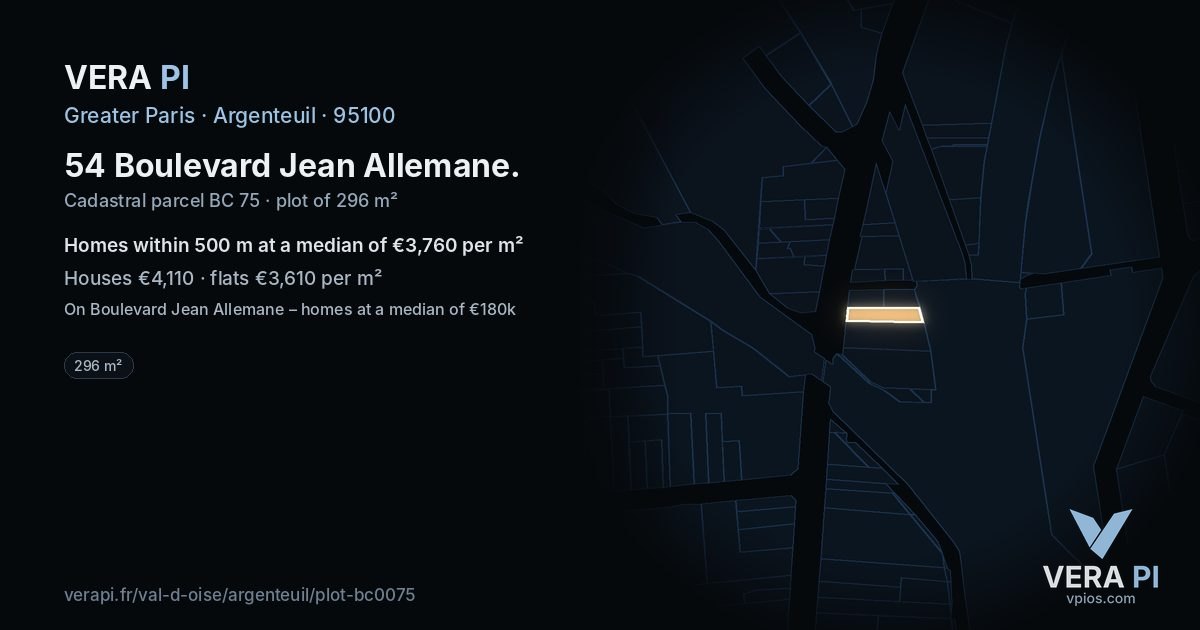 54 Boulevard Jean Allemane, Argenteuil at night – the plot lit, the parcels around coloured by the prices near them