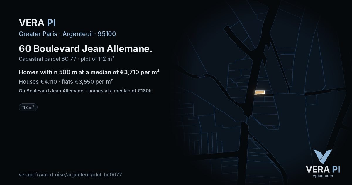 60 Boulevard Jean Allemane, Argenteuil at night – the plot lit, the parcels around coloured by the prices near them
