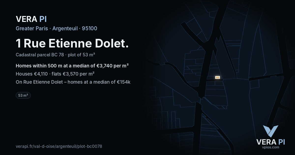 1 Rue Etienne Dolet, Argenteuil at night – the plot lit, the parcels around coloured by the prices near them