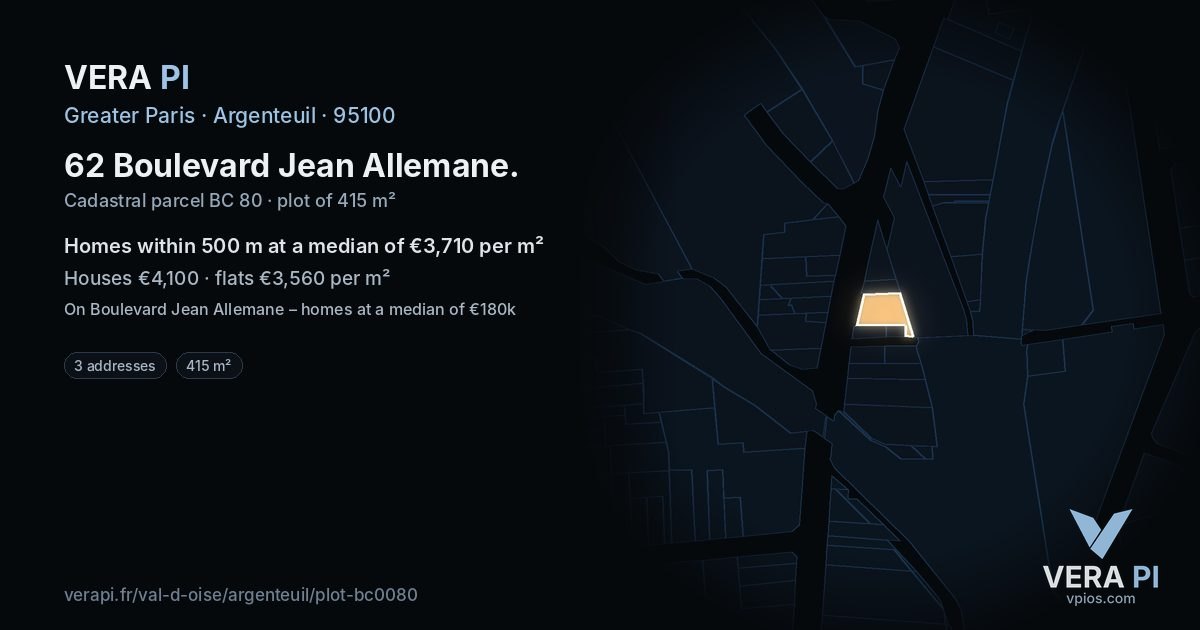 62 Boulevard Jean Allemane, Argenteuil at night – the plot lit, the parcels around coloured by the prices near them