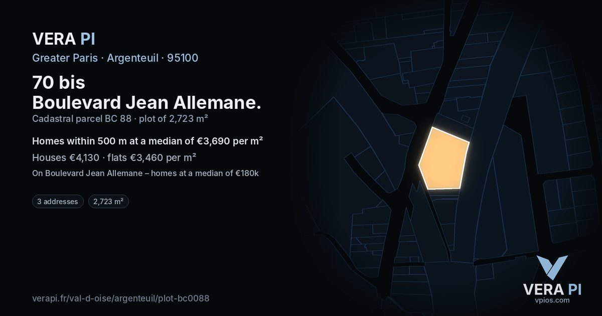70 bis Boulevard Jean Allemane, Argenteuil at night – the plot lit, the parcels around coloured by the prices near them