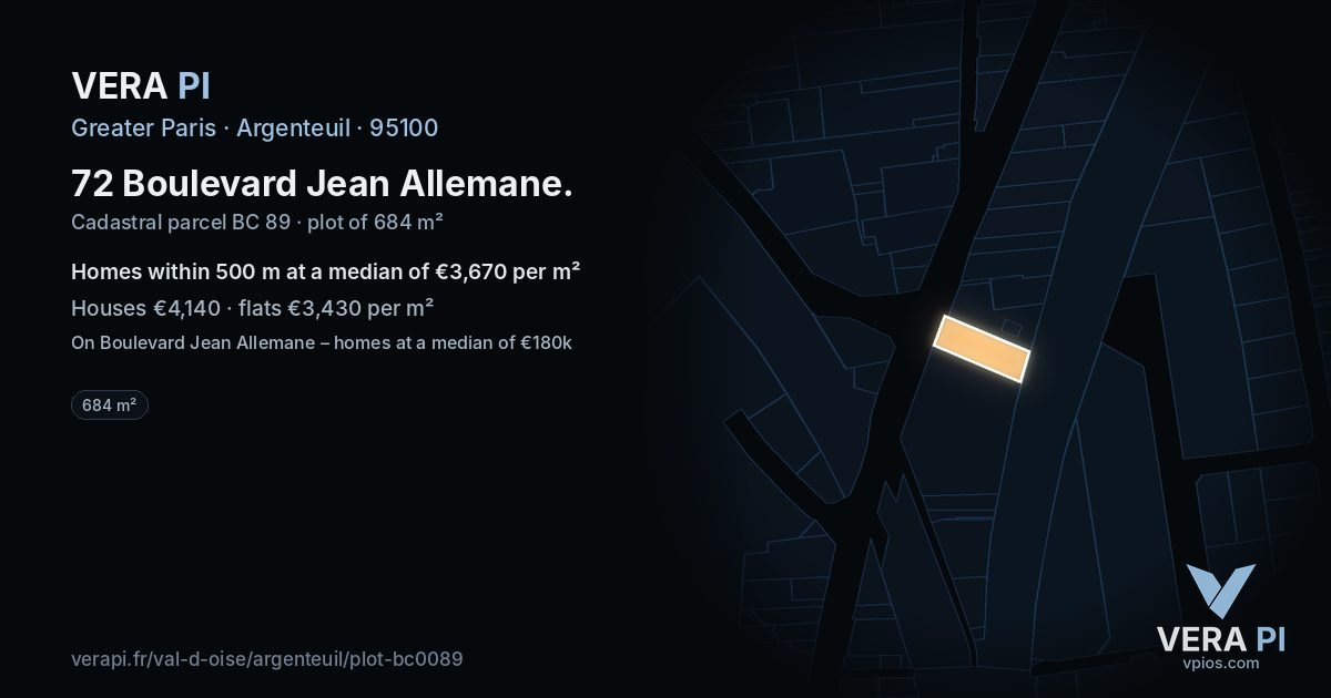 72 Boulevard Jean Allemane, Argenteuil at night – the plot lit, the parcels around coloured by the prices near them