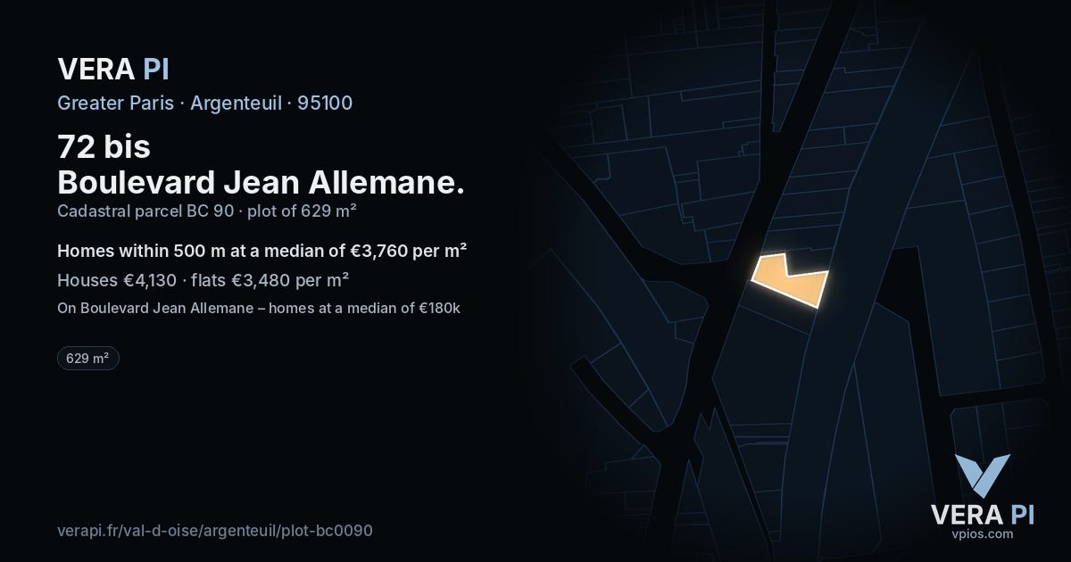 72 bis Boulevard Jean Allemane, Argenteuil at night – the plot lit, the parcels around coloured by the prices near them