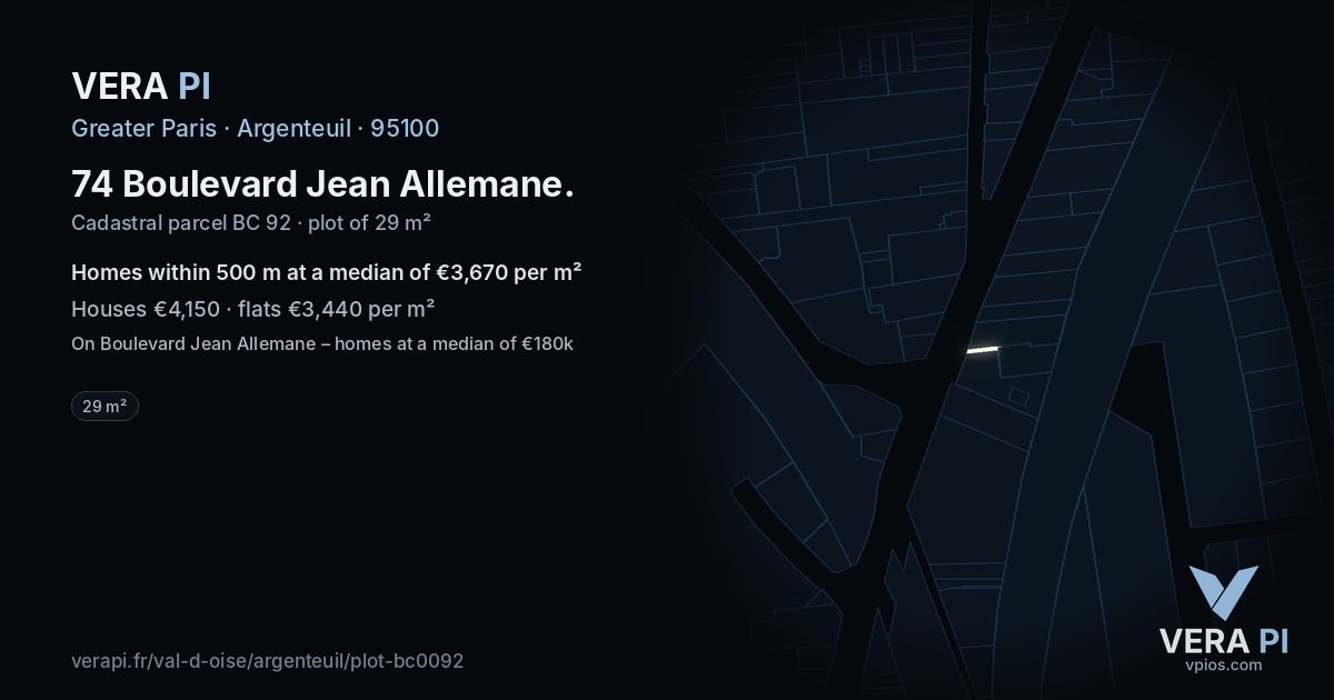 74 Boulevard Jean Allemane, Argenteuil at night – the plot lit, the parcels around coloured by the prices near them