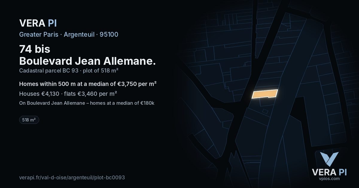 74 bis Boulevard Jean Allemane, Argenteuil at night – the plot lit, the parcels around coloured by the prices near them