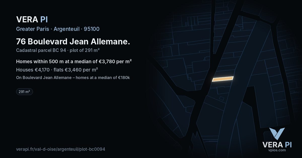 76 Boulevard Jean Allemane, Argenteuil at night – the plot lit, the parcels around coloured by the prices near them