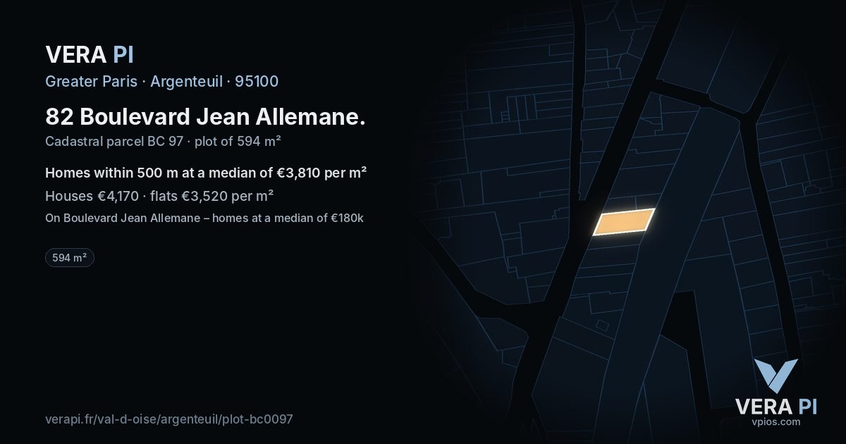 82 Boulevard Jean Allemane, Argenteuil at night – the plot lit, the parcels around coloured by the prices near them