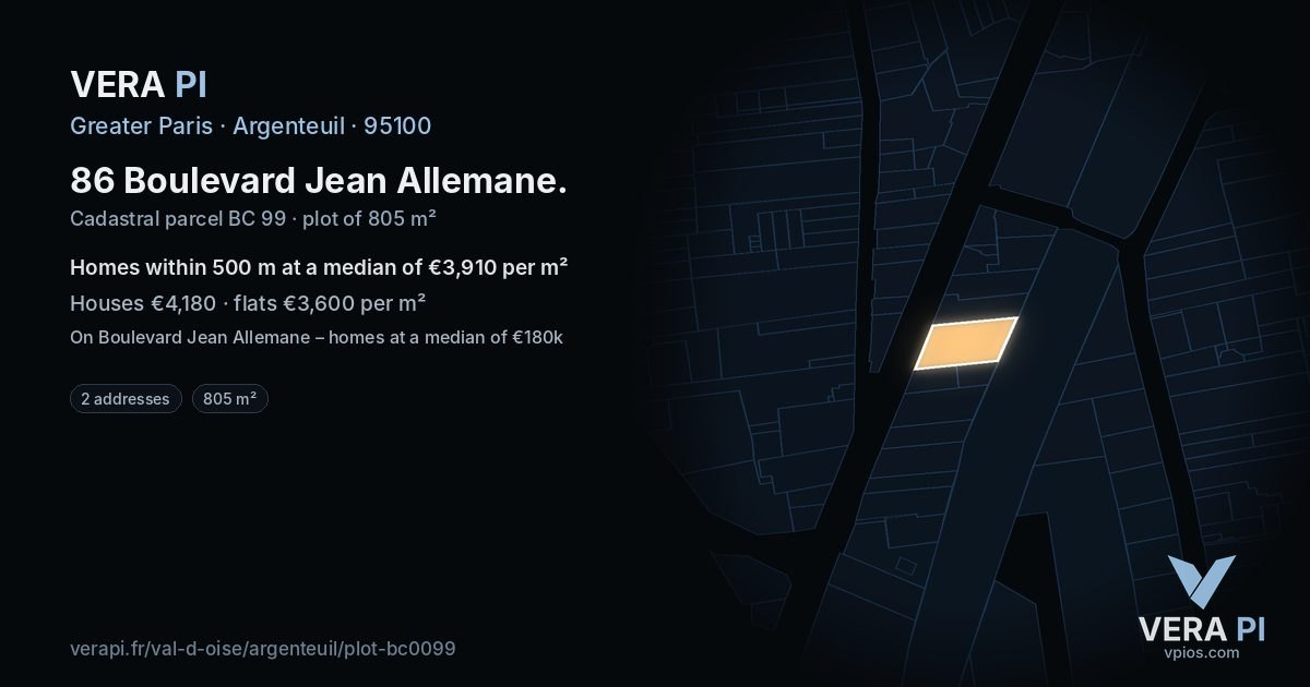86 Boulevard Jean Allemane, Argenteuil at night – the plot lit, the parcels around coloured by the prices near them