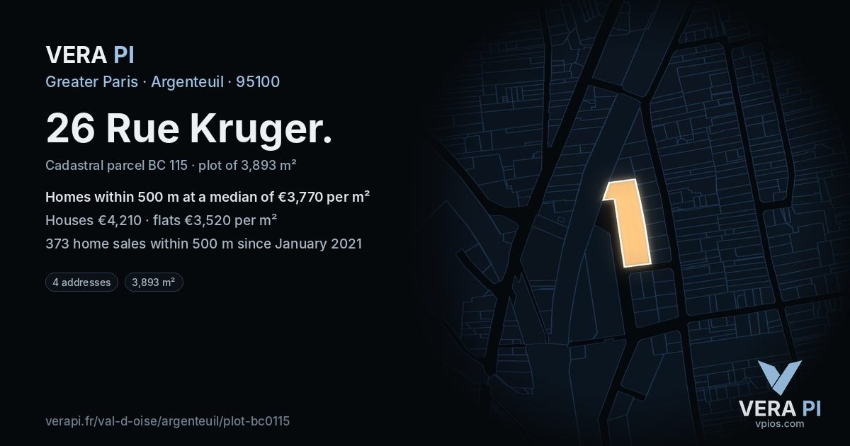 26 Rue Kruger, Argenteuil at night – the plot lit, the parcels around coloured by the prices near them
