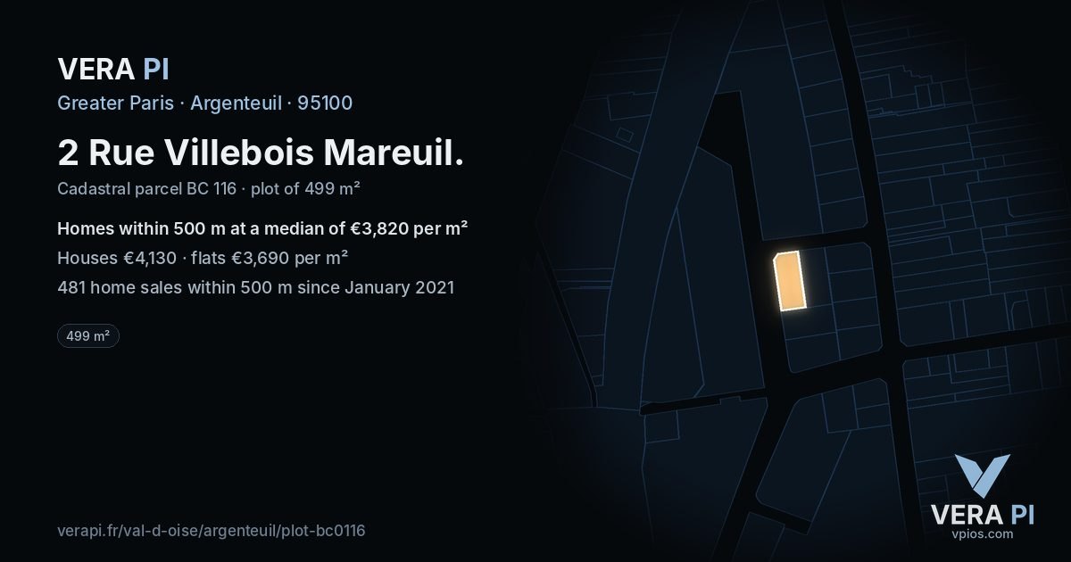 2 Rue Villebois Mareuil, Argenteuil at night – the plot lit, the parcels around coloured by the prices near them