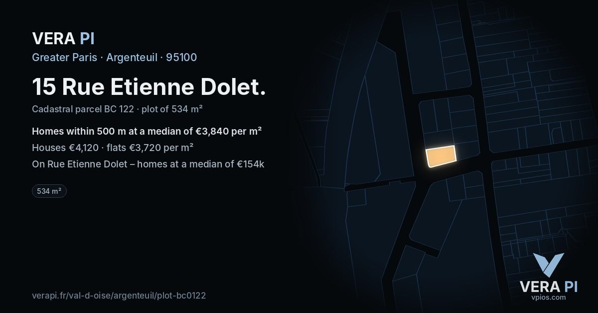 15 Rue Etienne Dolet, Argenteuil at night – the plot lit, the parcels around coloured by the prices near them