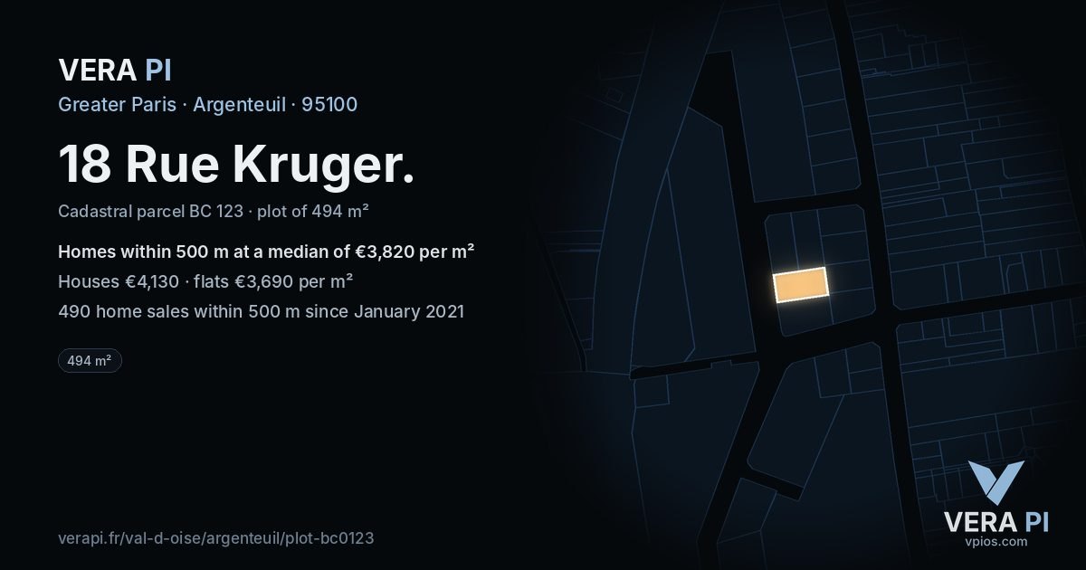 18 Rue Kruger, Argenteuil at night – the plot lit, the parcels around coloured by the prices near them