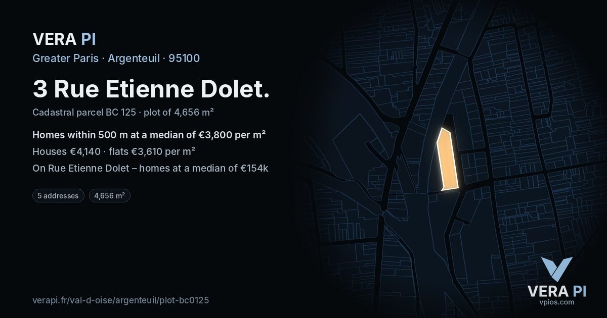 3 Rue Etienne Dolet, Argenteuil at night – the plot lit, the parcels around coloured by the prices near them