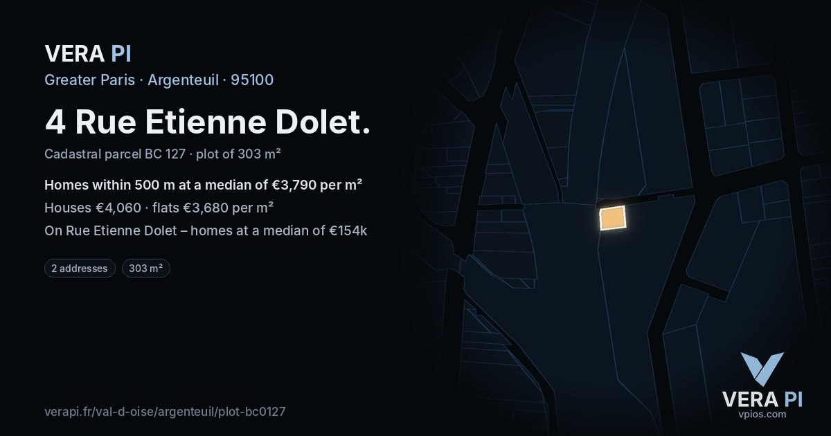 4 Rue Etienne Dolet, Argenteuil at night – the plot lit, the parcels around coloured by the prices near them
