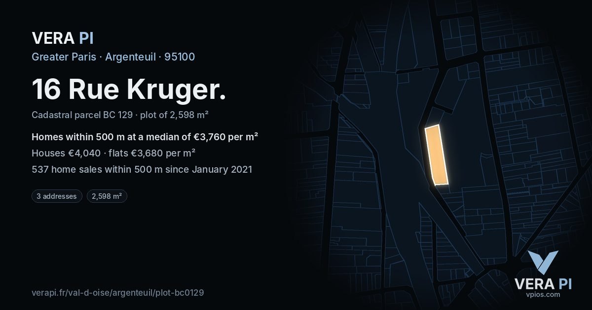 16 Rue Kruger, Argenteuil at night – the plot lit, the parcels around coloured by the prices near them