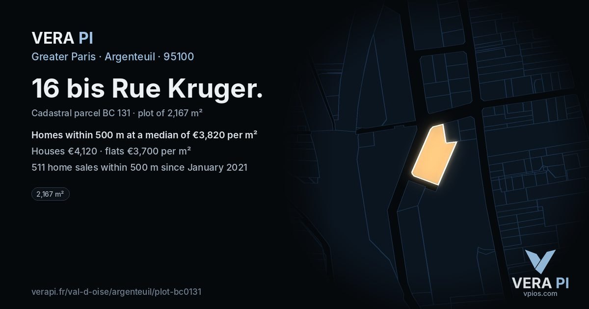 16 bis Rue Kruger, Argenteuil at night – the plot lit, the parcels around coloured by the prices near them
