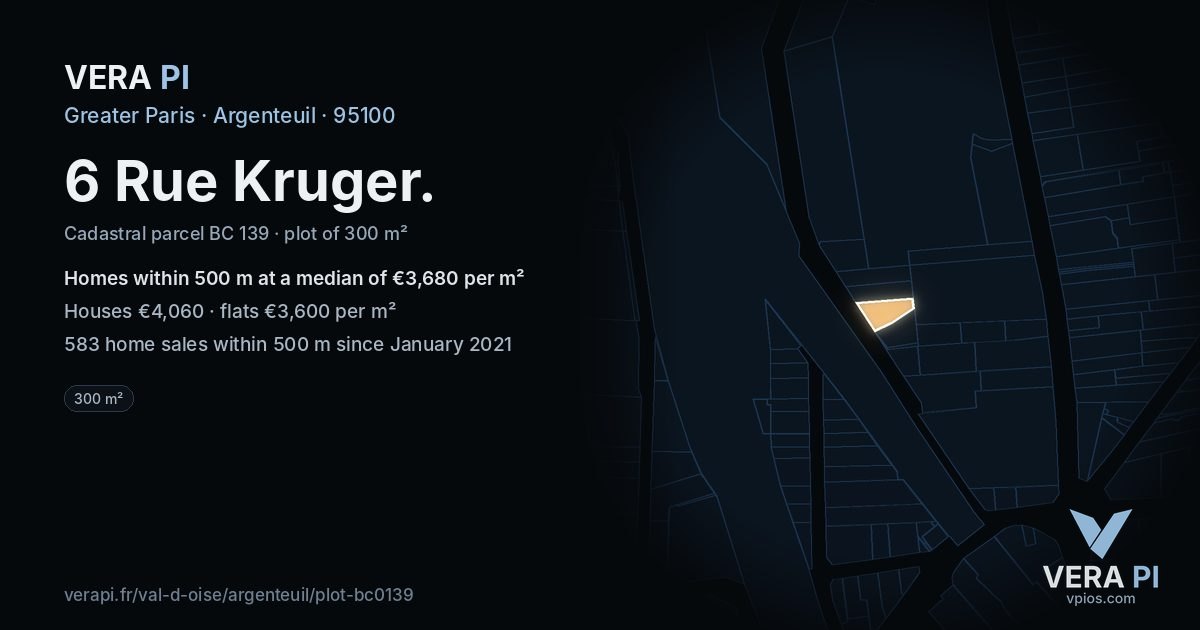 6 Rue Kruger, Argenteuil at night – the plot lit, the parcels around coloured by the prices near them