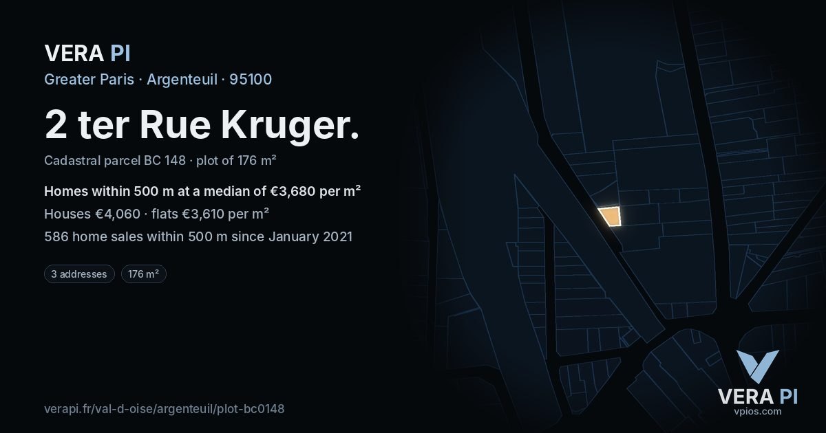 2 ter Rue Kruger, Argenteuil at night – the plot lit, the parcels around coloured by the prices near them