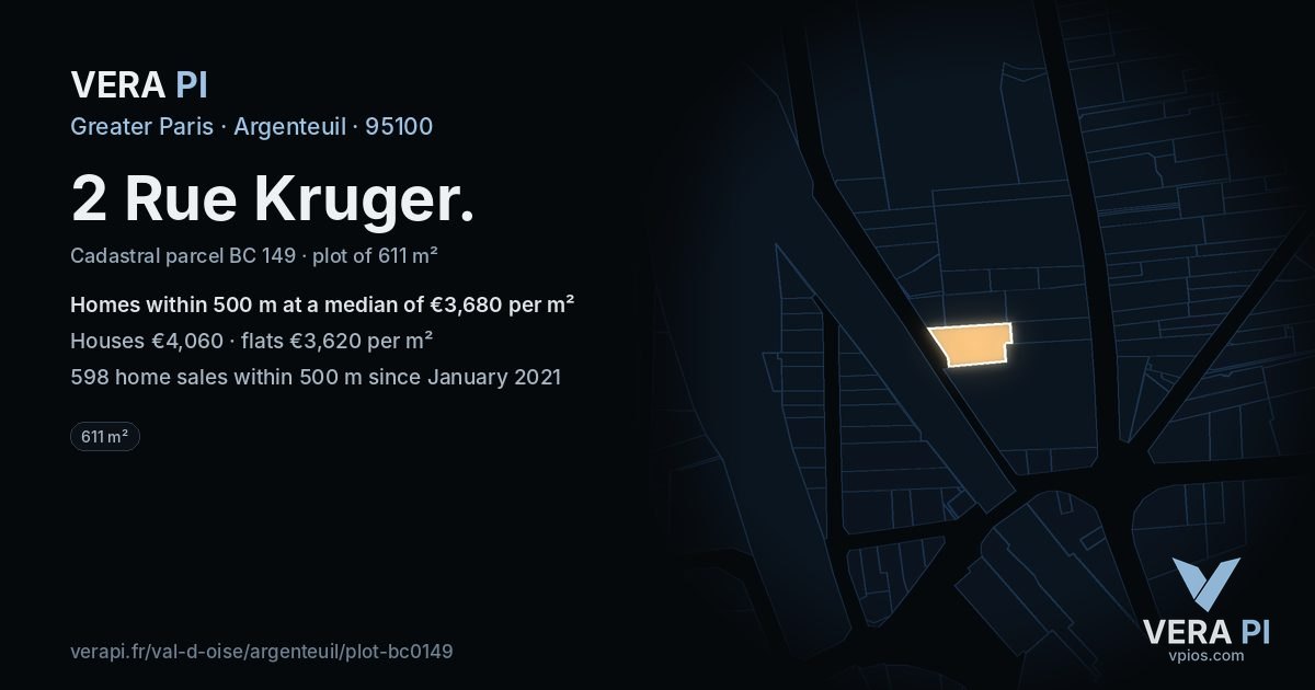 2 Rue Kruger, Argenteuil at night – the plot lit, the parcels around coloured by the prices near them