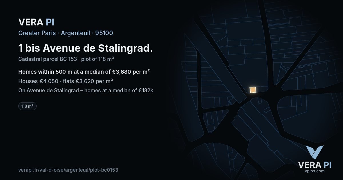 1 bis Avenue de Stalingrad, Argenteuil at night – the plot lit, the parcels around coloured by the prices near them