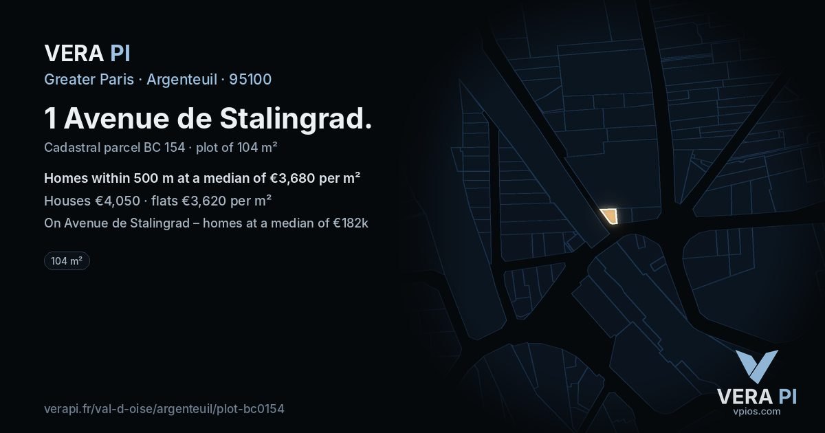 1 Avenue de Stalingrad, Argenteuil at night – the plot lit, the parcels around coloured by the prices near them