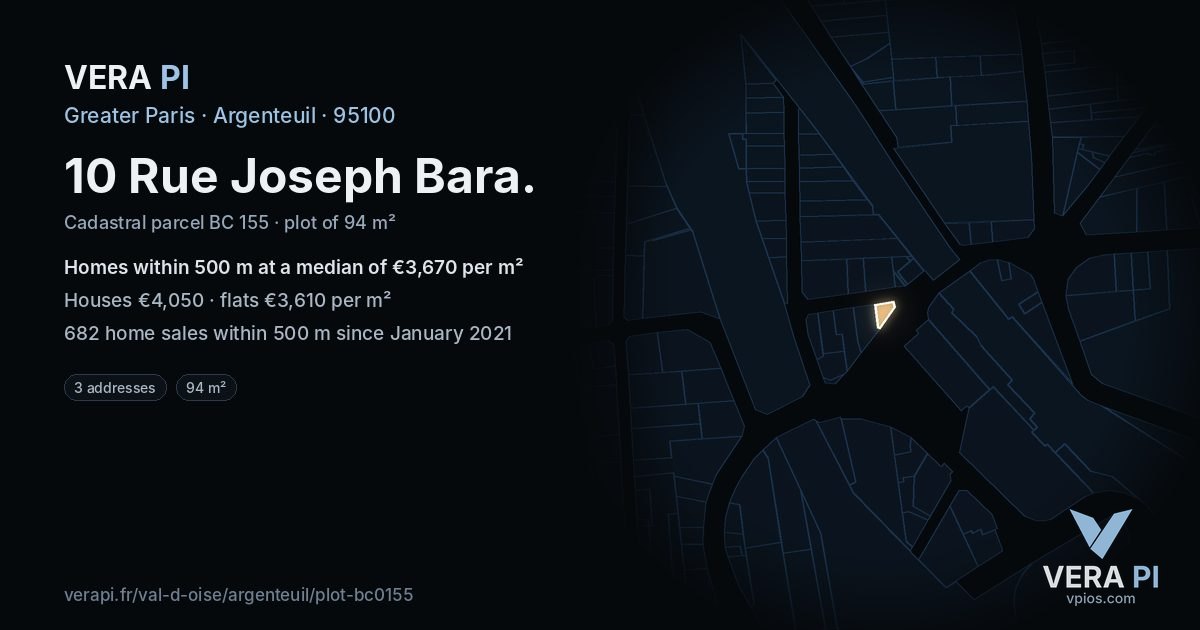10 Rue Joseph Bara, Argenteuil at night – the plot lit, the parcels around coloured by the prices near them