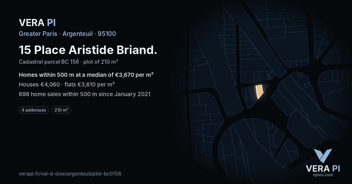 15 Place Aristide Briand, Argenteuil at night – the plot lit, the parcels around coloured by the prices near them
