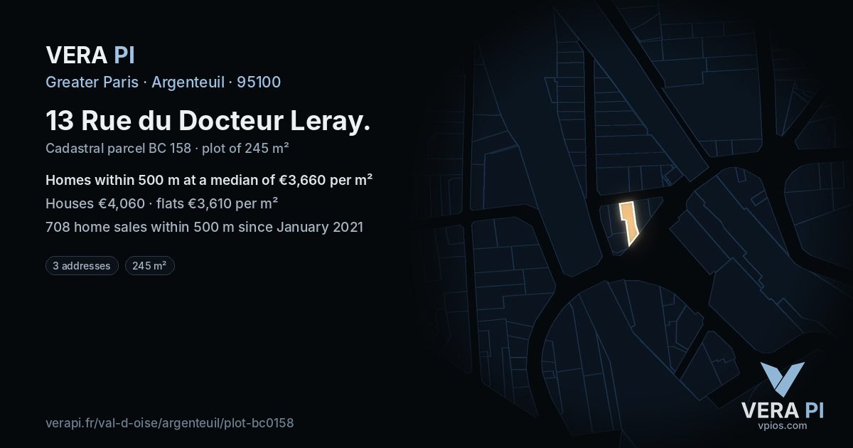 13 Rue du Docteur Leray, Argenteuil at night – the plot lit, the parcels around coloured by the prices near them
