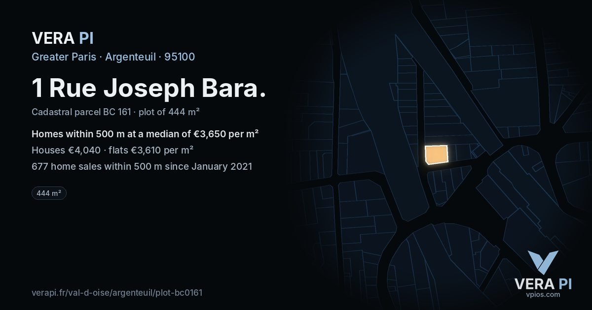 1 Rue Joseph Bara, Argenteuil at night – the plot lit, the parcels around coloured by the prices near them
