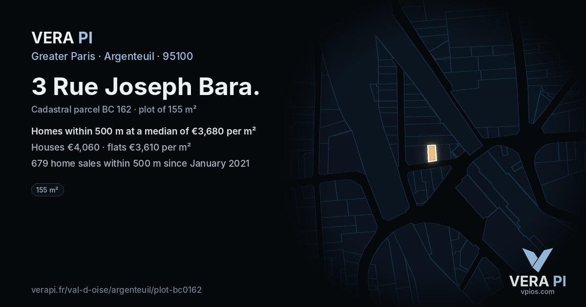 3 Rue Joseph Bara, Argenteuil at night – the plot lit, the parcels around coloured by the prices near them