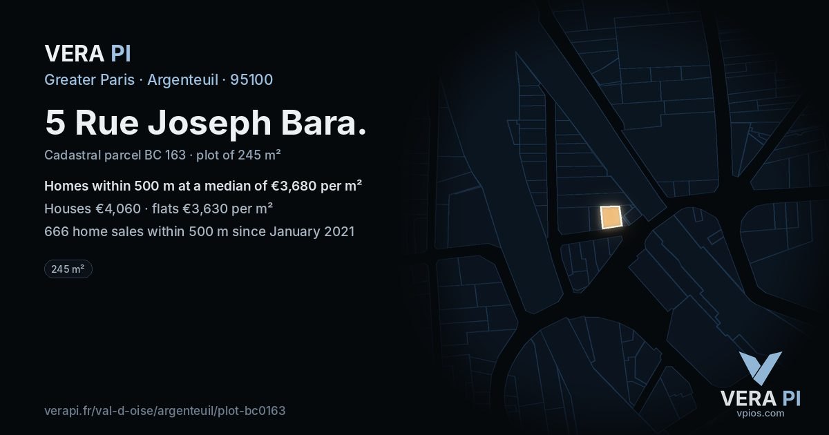 5 Rue Joseph Bara, Argenteuil at night – the plot lit, the parcels around coloured by the prices near them