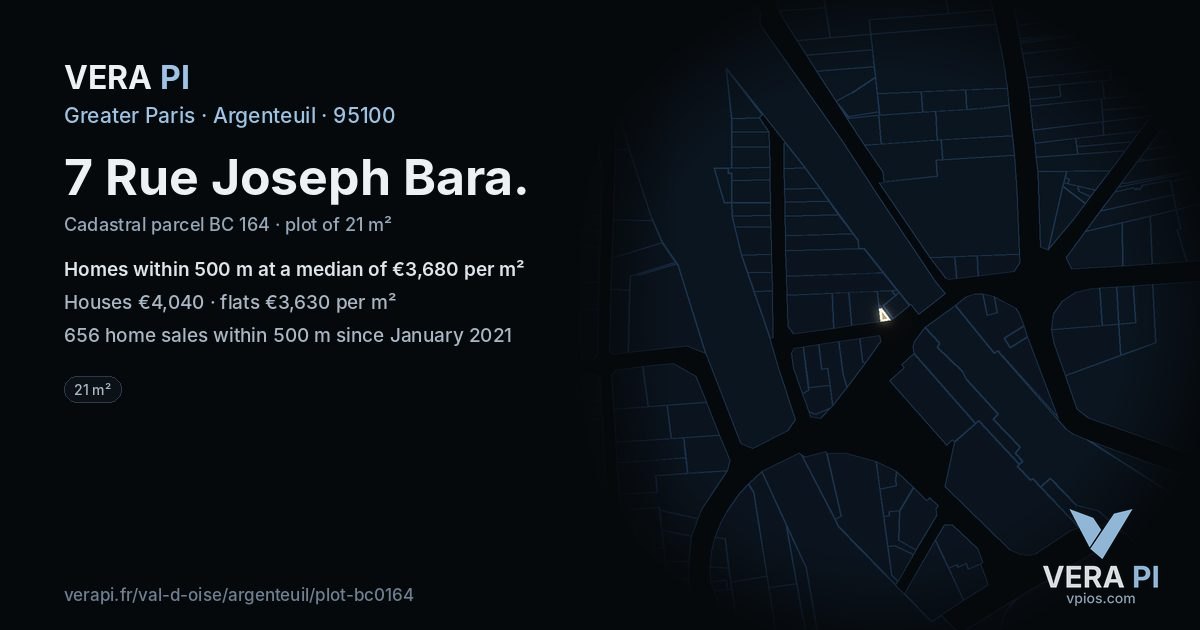 7 Rue Joseph Bara, Argenteuil at night – the plot lit, the parcels around coloured by the prices near them