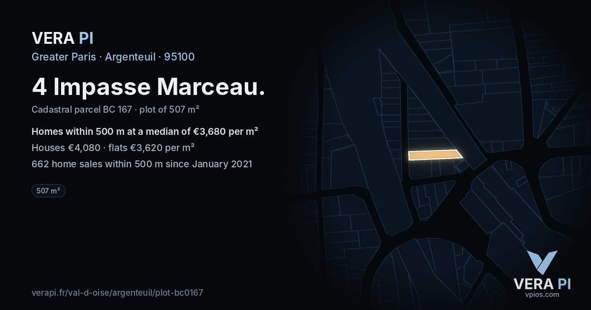 4 Impasse Marceau, Argenteuil at night – the plot lit, the parcels around coloured by the prices near them