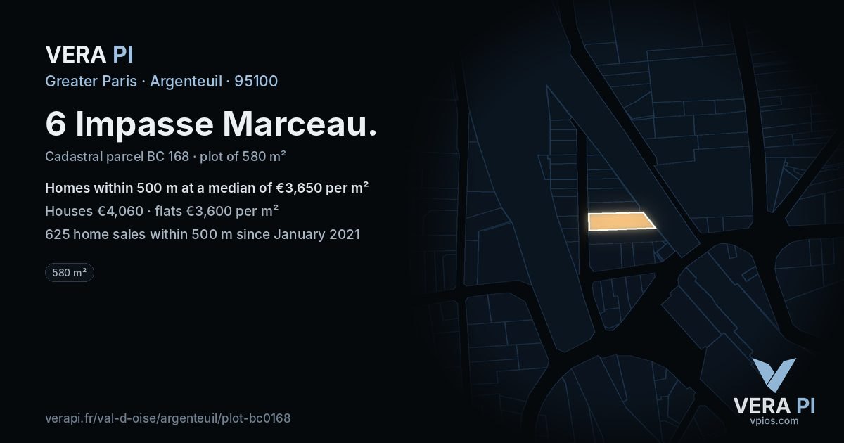 6 Impasse Marceau, Argenteuil at night – the plot lit, the parcels around coloured by the prices near them