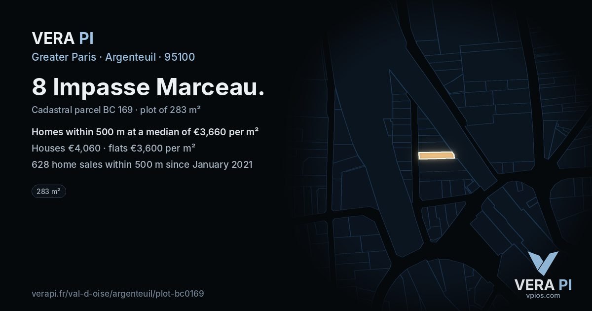 8 Impasse Marceau, Argenteuil at night – the plot lit, the parcels around coloured by the prices near them