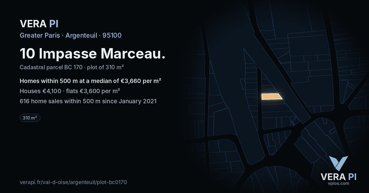 10 Impasse Marceau, Argenteuil at night – the plot lit, the parcels around coloured by the prices near them