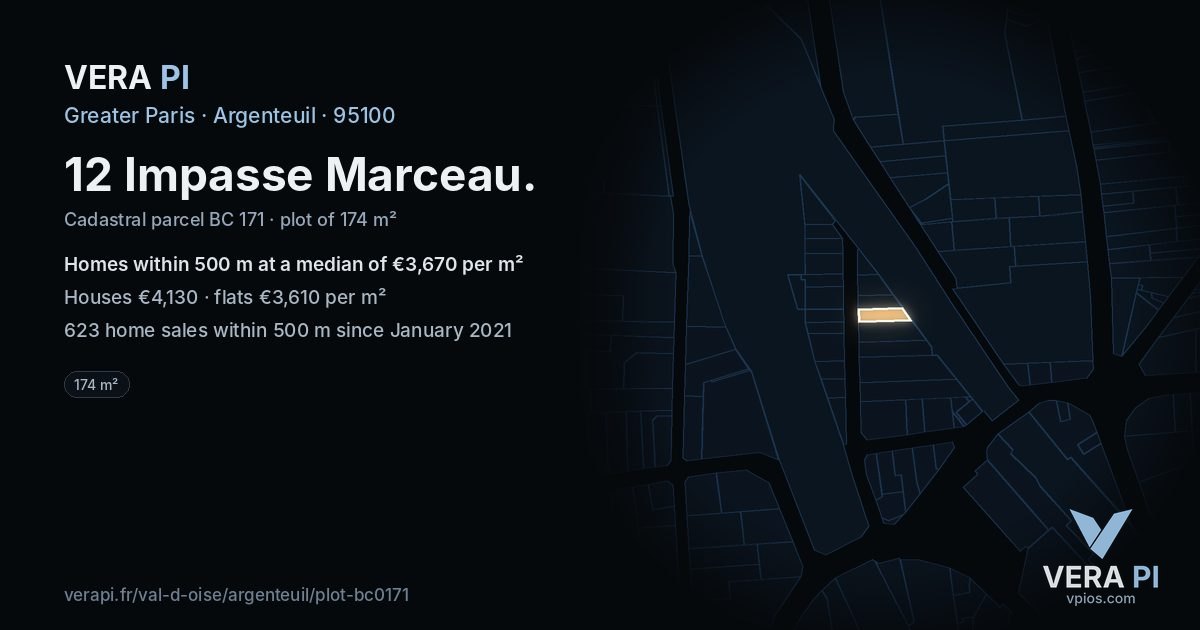 12 Impasse Marceau, Argenteuil at night – the plot lit, the parcels around coloured by the prices near them