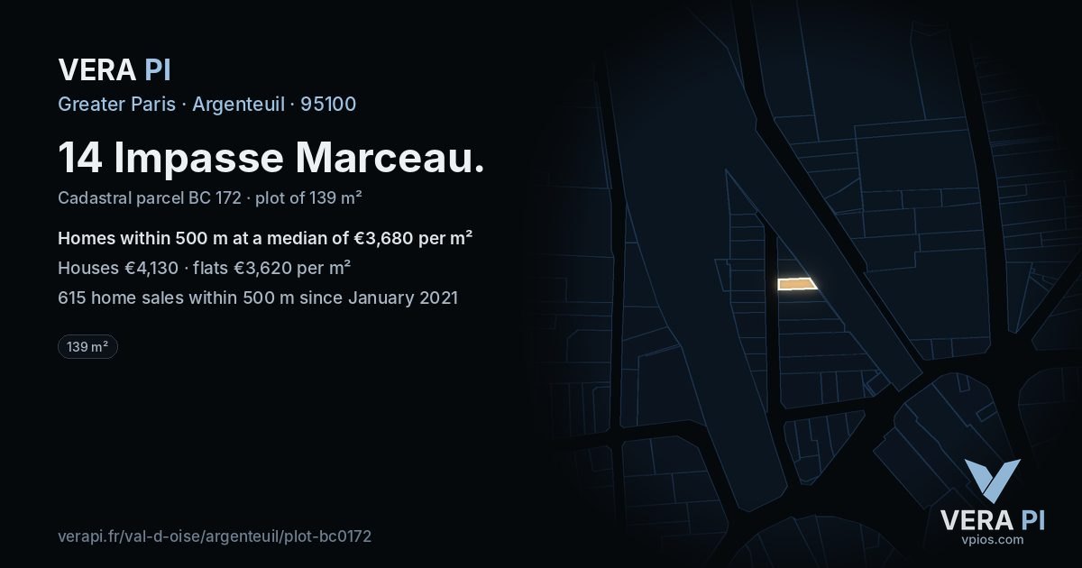 14 Impasse Marceau, Argenteuil at night – the plot lit, the parcels around coloured by the prices near them