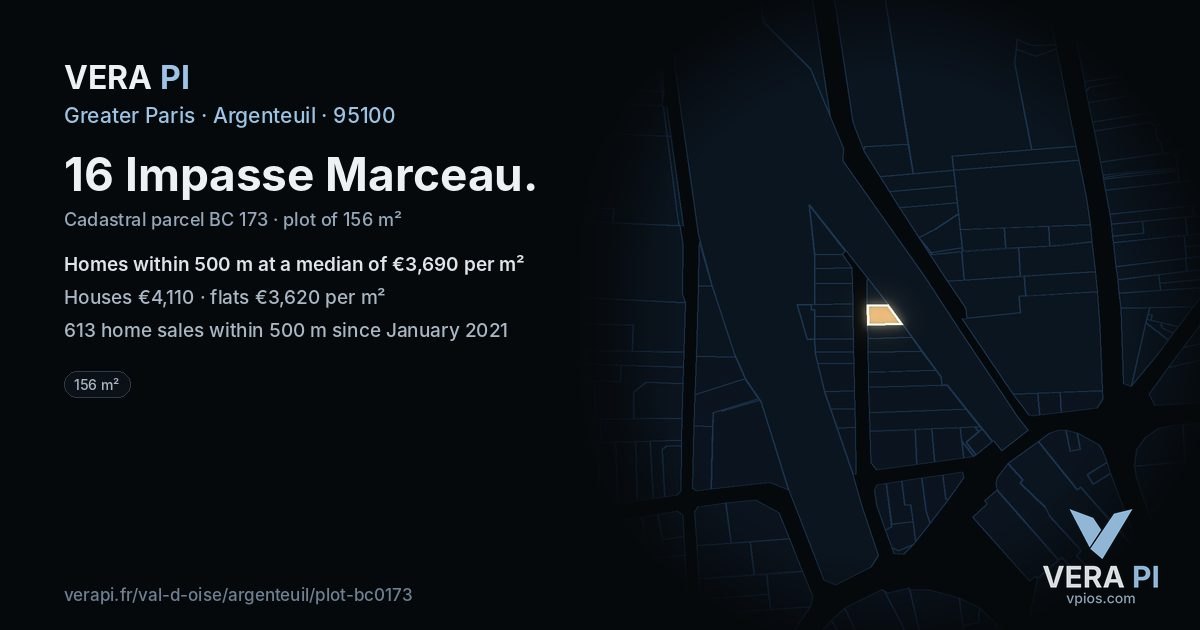 16 Impasse Marceau, Argenteuil at night – the plot lit, the parcels around coloured by the prices near them