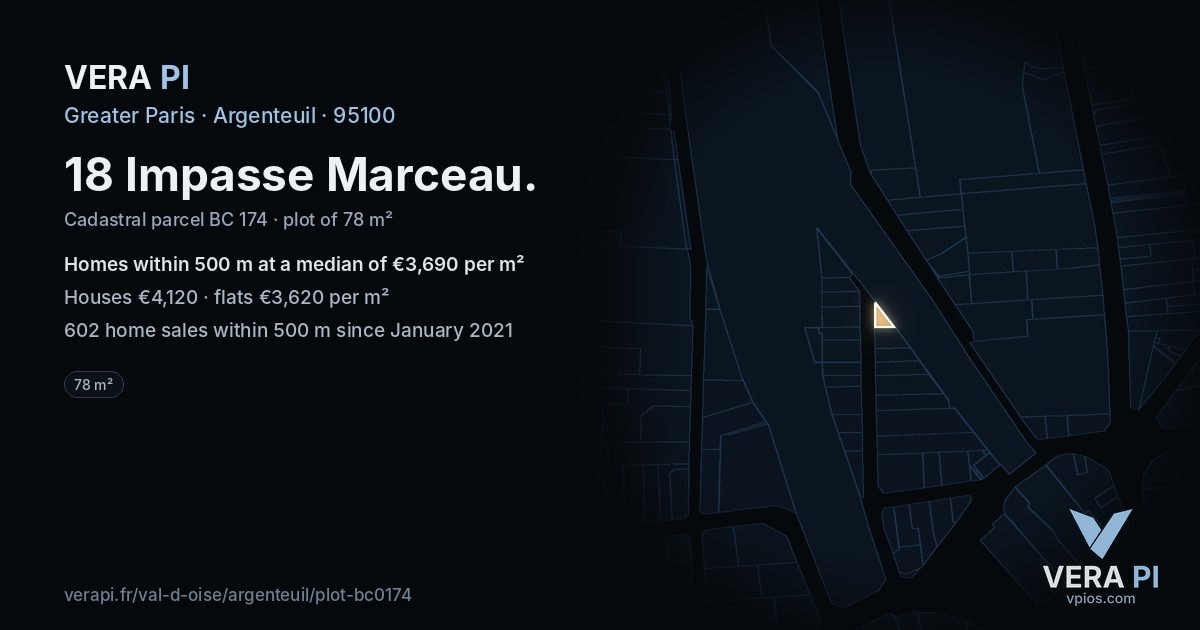 18 Impasse Marceau, Argenteuil at night – the plot lit, the parcels around coloured by the prices near them