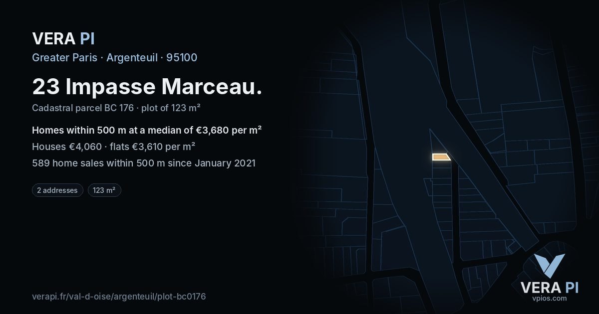 23 Impasse Marceau, Argenteuil at night – the plot lit, the parcels around coloured by the prices near them