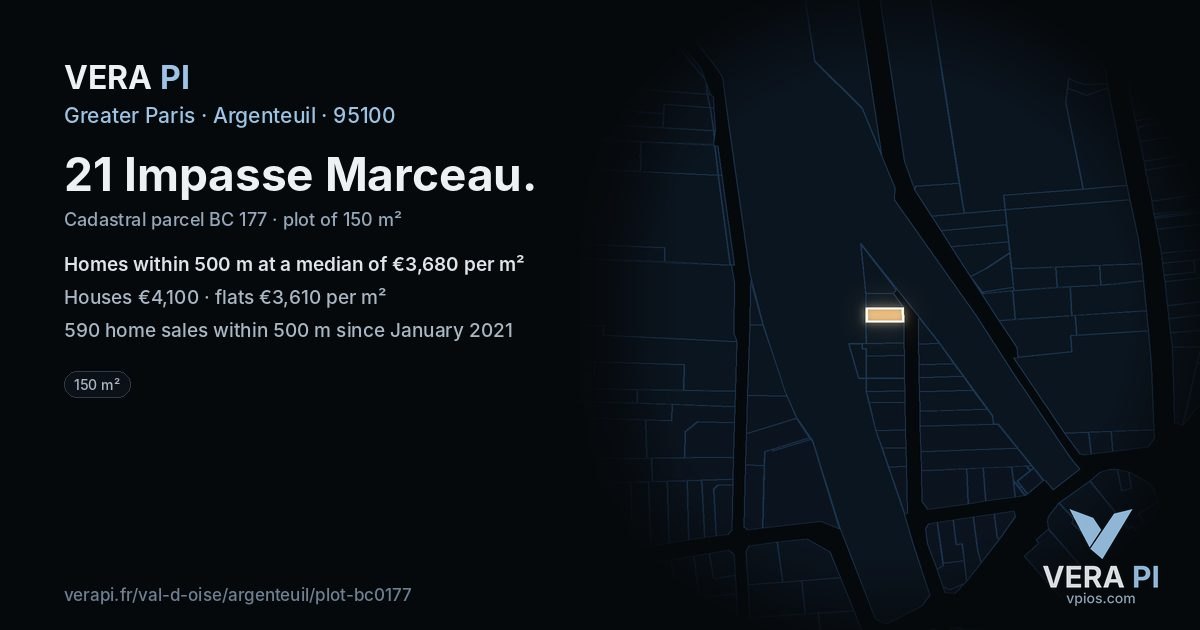 21 Impasse Marceau, Argenteuil at night – the plot lit, the parcels around coloured by the prices near them