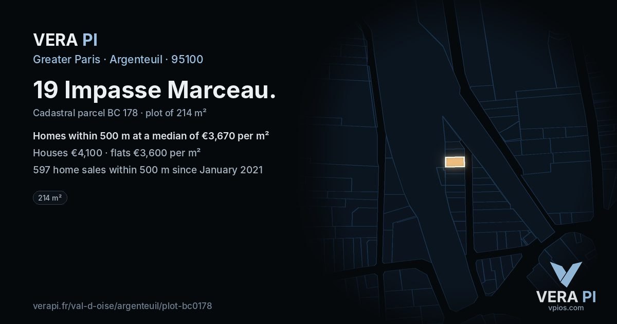 19 Impasse Marceau, Argenteuil at night – the plot lit, the parcels around coloured by the prices near them