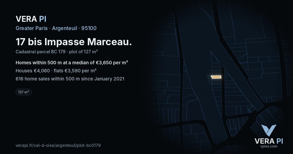 17 bis Impasse Marceau, Argenteuil at night – the plot lit, the parcels around coloured by the prices near them