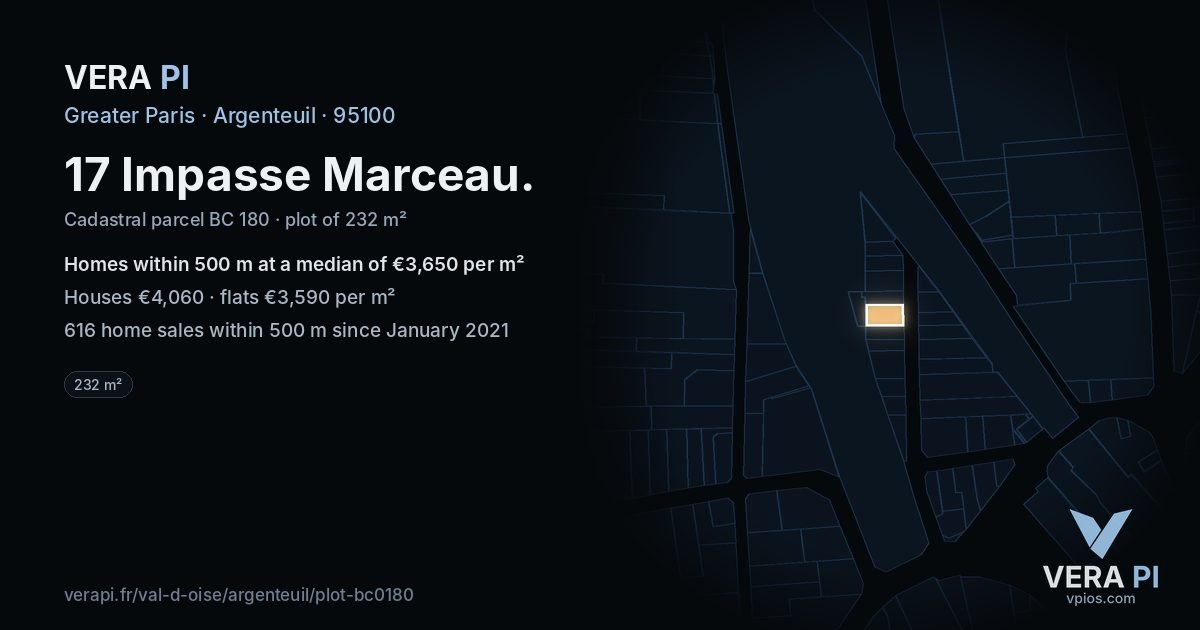 17 Impasse Marceau, Argenteuil at night – the plot lit, the parcels around coloured by the prices near them